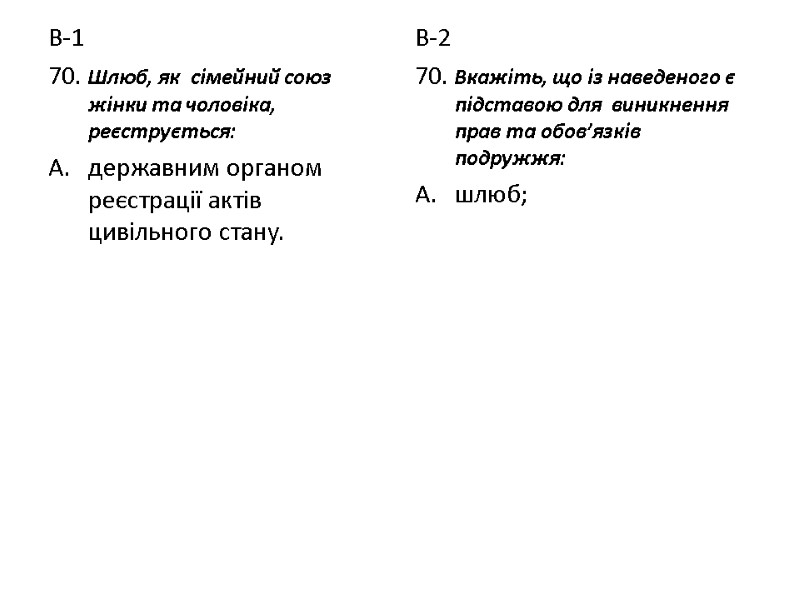 В-1 70. Шлюб, як  сімейний союз жінки та чоловіка, реєструється: державним органом реєстрації